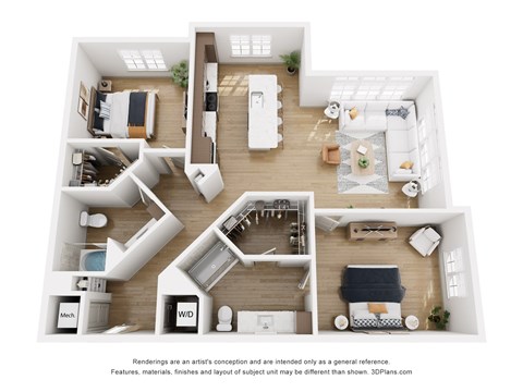 Floor plan for 2 beds, 2 baths, 1252 sqft